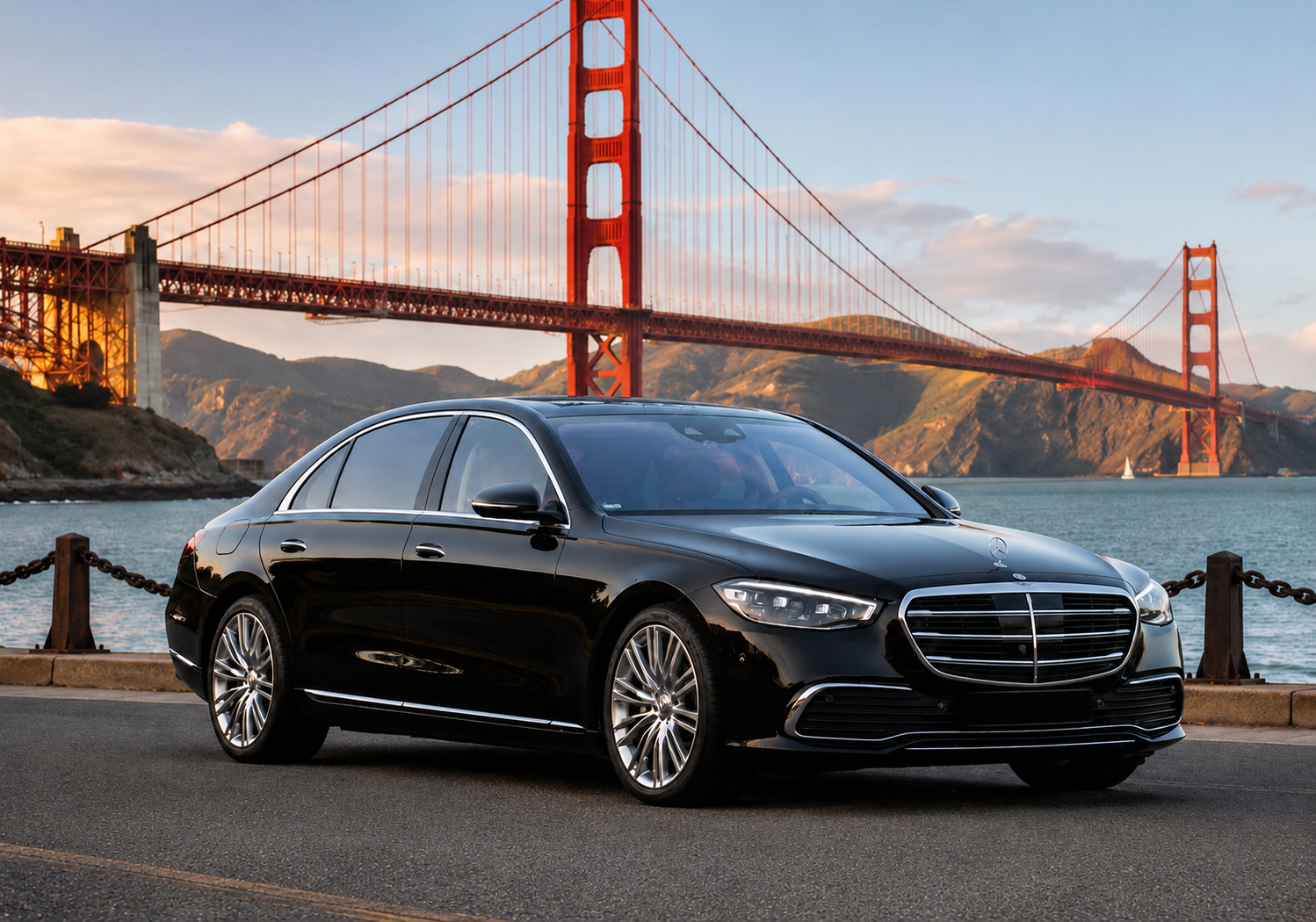 Black Mercedes sedan near the Golden Gate Bridge