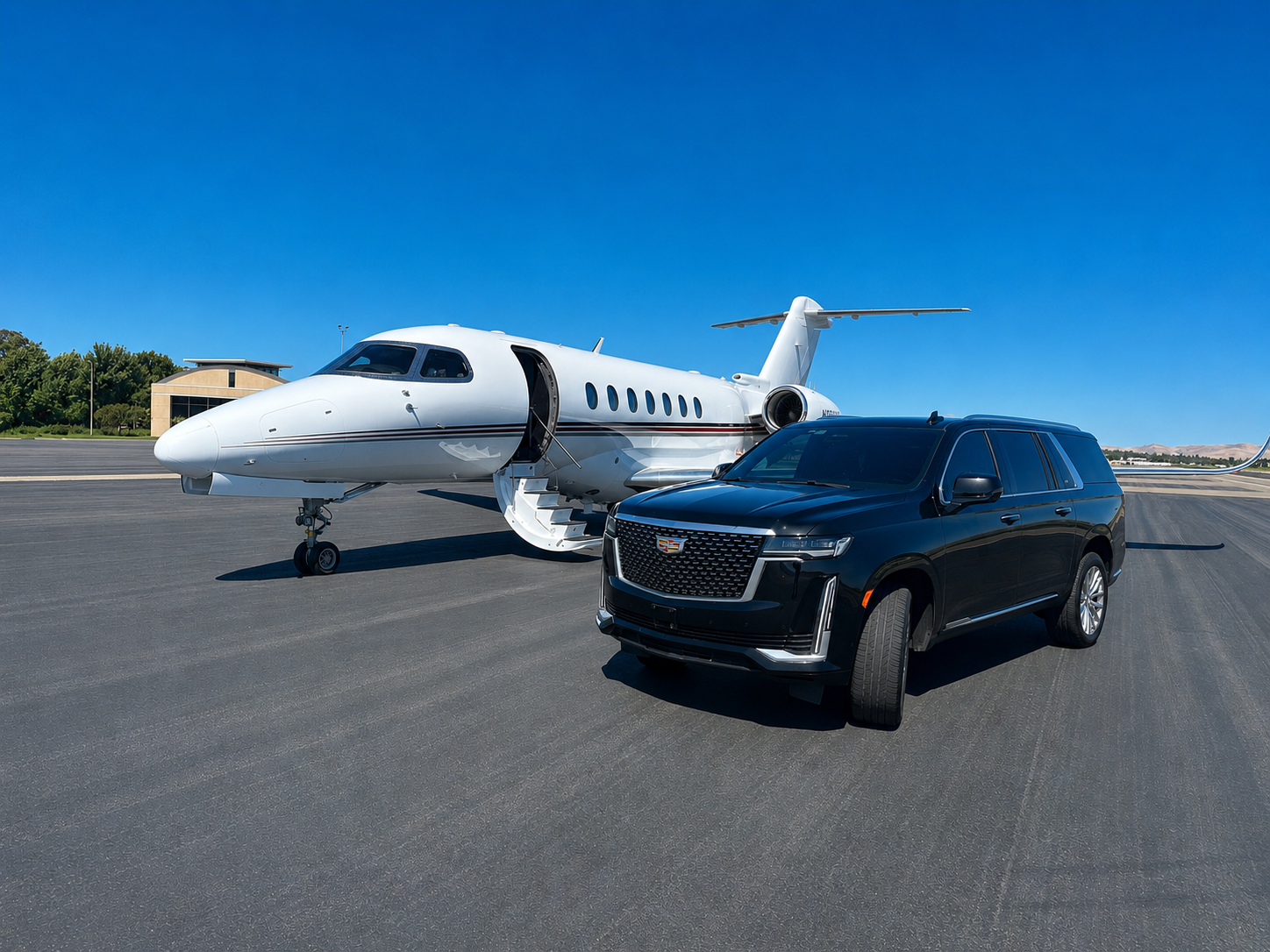 Black Cadillac Escalade SUV beside a private jet