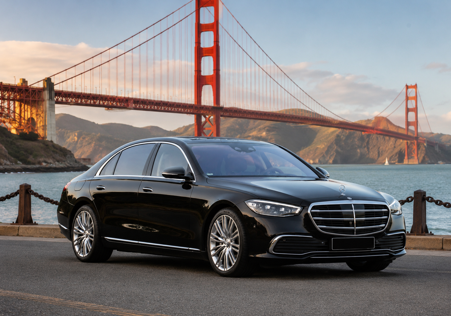 Black Mercedes sedan near the Golden Gate Bridge