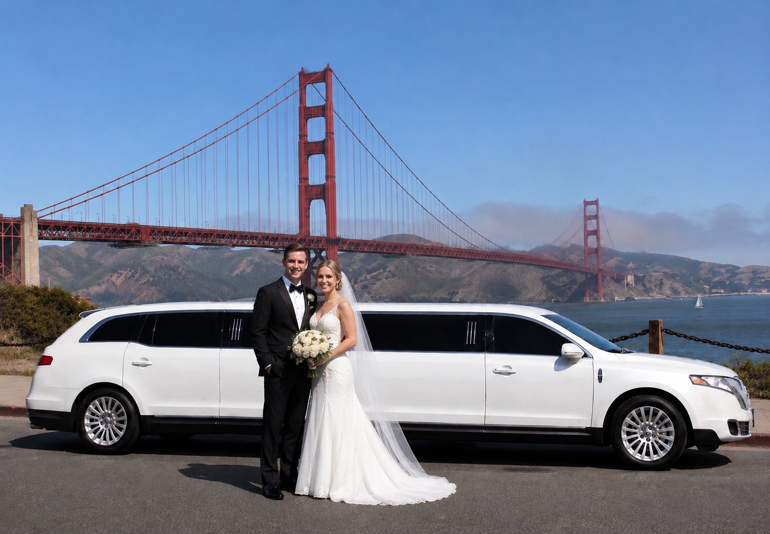 White stretch limousine parked near the Golden Gate Bridge